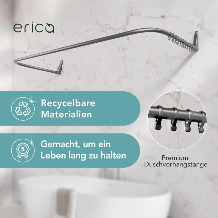 Штанга для душу Ericka L-подібної та U-подібної форми - 4-в-1 для ванни чи душу - сталева з порошковим покриттям (сірий глянцевий)