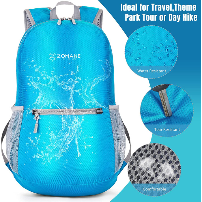 Надлегкий складаний рюкзак ZOMAKE об'ємом 20 л, невеликі рюкзаки, водонепроникний похідний рюкзак, що упаковується рюкзак для жінок і чоловіків, походи на відкритому повітрі (Світло-блакитний)