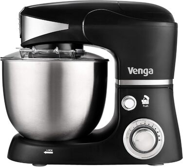 Кухонна машина Venga VG M 3014 з чашею 5 л з нержавіючої сталі, 1000 Вт, 4 насадки, рецепти, чорний колір