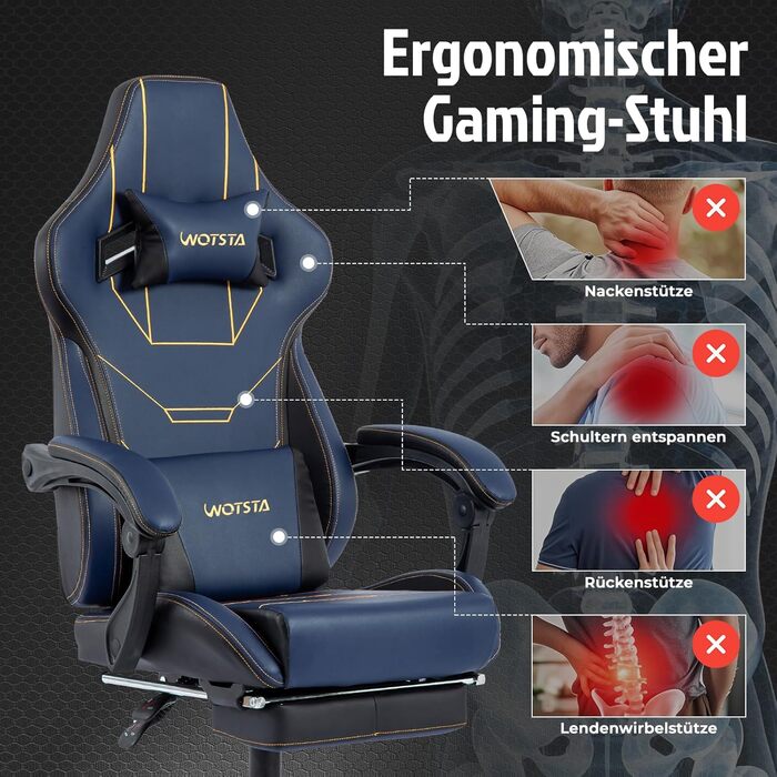 Ігровий крісло WOTSTA Ergonomiczne з підніжкою: регульоване, з підтримкою попереку (синій)
