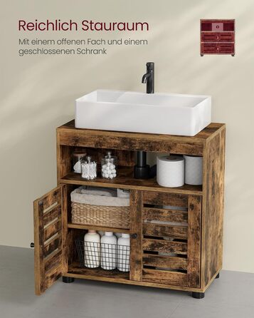 Підставка під раковину VASAGLE, шафка для ванної кімнати, 60 x 30 x 63 см, шафка для ванної, комод для зберігання з 2 дверцятами-решітками, з регульованою полицею, вінтажний коричневий BBK04BX