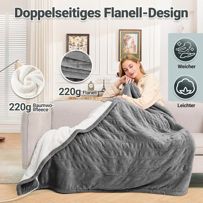 Електрична ковдра з автовимкненням 130x180 см, 8 режимів нагріву, таймер 12 годин, пральна машина, флісова ковдра для ліжка, дивана, офісу (темно-сірий)