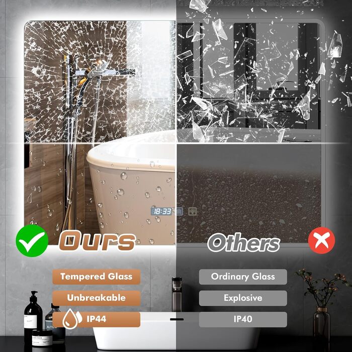 Дзеркало Bellanny LED з підсвічуванням 60 см | Настінне дзеркало для ванної кімнати, комодний дзеркало | Дзеркало для макіяжу з сенсорним вимикачем, 3 кольори світла, регульована яскравість, проти запотівання, IP44, горизонтальне/вертикальне (прямокутне -