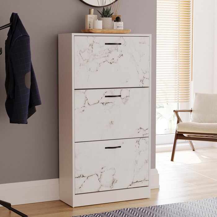 Шкаф для взуття з 3 шухлядами Home Discount - дерев'яний, горіх/білий (білий мармур)