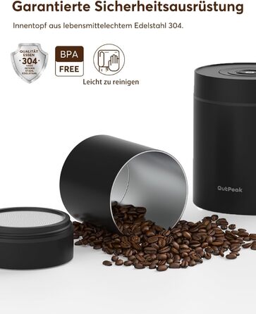 OUTPEAK Neo 2025 Kilo Auto-Vakuum-Kaffeedose: Контейнер для кави з авто-вакуумним насосом, 1,5 л, для 500 г кавових зерен, з кнопкою, з нержавіючої сталі, для бариста, подарунок (великий, матовий чорний)