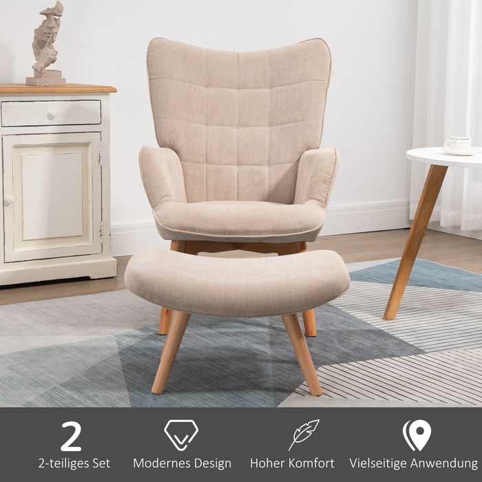 Крісло HOMCOM Wingback з табуретом Крісло з м'якою реклайнером Вельвет Look Крісло для відпочинку Крісло Крісло з дерев'яними ніжками Телевізор Крісло бежеве для вітальні