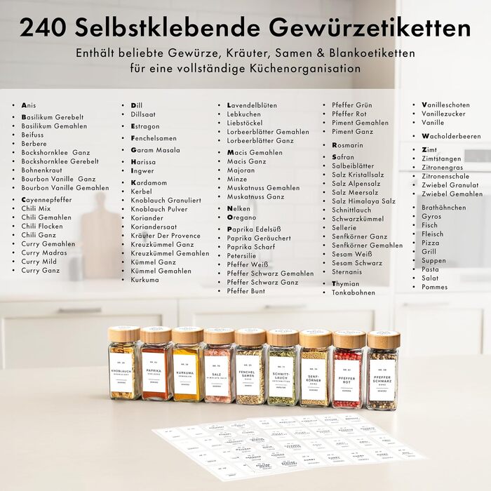 Набір скляних баночок для спецій кутовий (24 x 120 мл) з бамбуковими кришками. Включає ситечко для сипучих продуктів та 240 етикеток. Організатор спецій, 11x4,5 см.