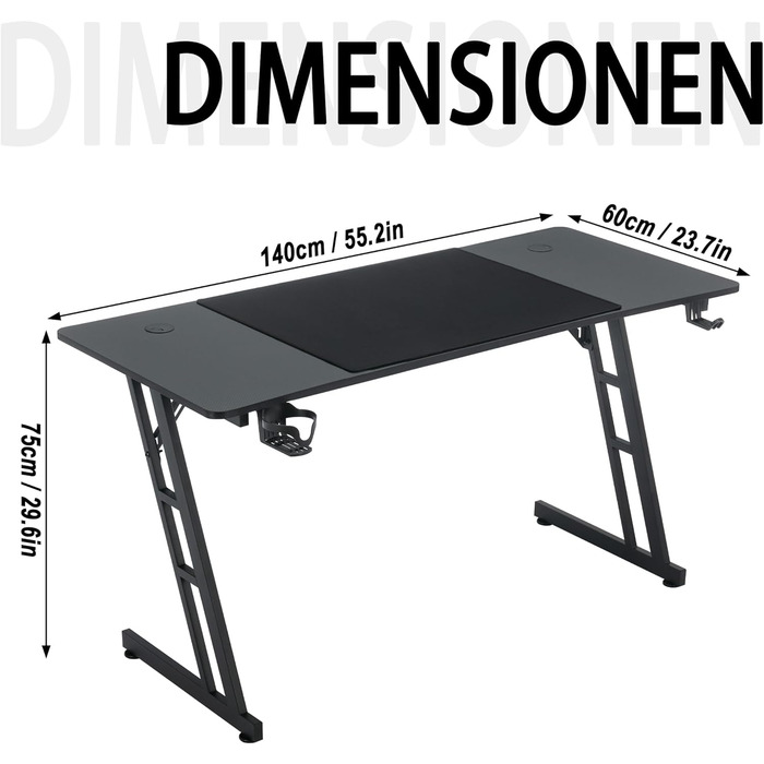 Ігровий стіл YRHome 120x60 см – стіл для комп'ютера з тримачем для напоїв, кабелепроводами та карбоновою поверхнею. Ергономічний стіл для геймерів та офісу, чорний (без LED).