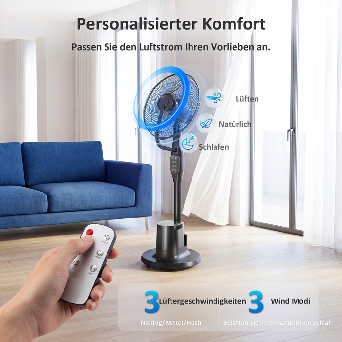 Підлоговий вентилятор з функцією зволоження, осциляція 70°, 3 швидкості, 3 режими, резервуар для води 3,5 л, чорний