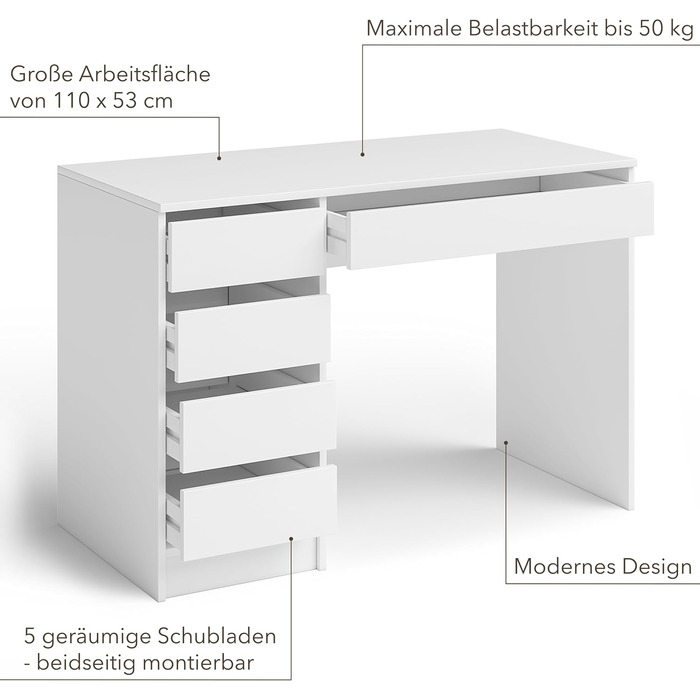 Стіл Bellamio Nore, стіл для ноутбука білий, 5 ящиків, комп'ютерний стіл 75x53x110см, дитячий стіл молодіжний стіл 50 символів