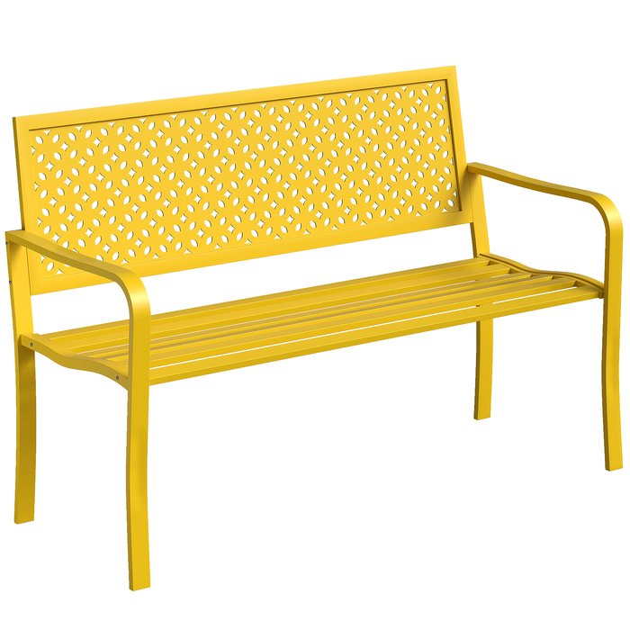 Лавочка для саду на 2 особи, металева, стійка до погодних умов. Міцна конструкція з антикорозійним покриттям та геометричним дизайном, витримує до 240 кг.