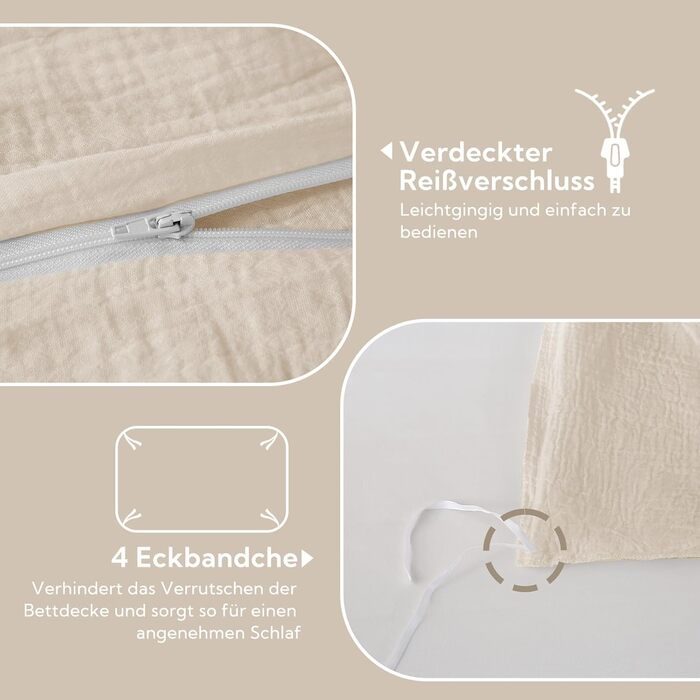 Муслінова постільна білизна SOULFUL 200x200 см, комплект 2 шт. (простирадло 135x200 см, наволочка 80x80 см), бавовна, ÖKO-TEX, застібка на блискавку, світло-бежевий