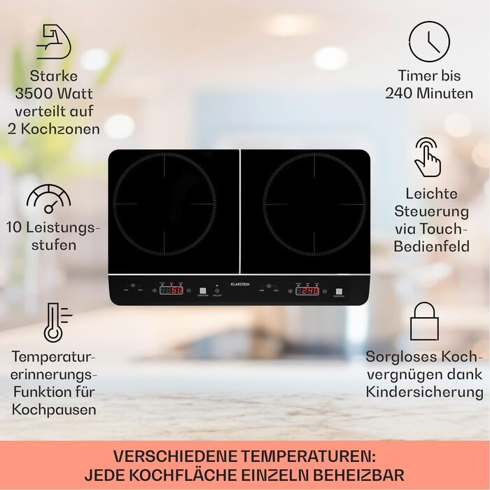 Електрична індукційна конфорка Klarstein, індукційна плита з 2 мобільними пластинами, індукційна конфорка 3500 Вт для кемпінгу та дому, портативна індукційна плита з 2 частин, сучасна подвійна індукційна конфорка 3500 Вт чорно-сіра