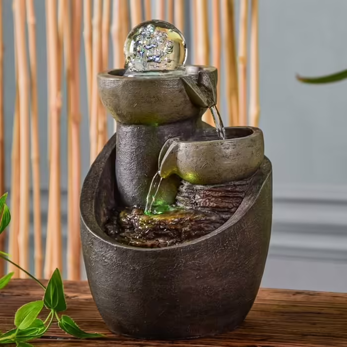 Декоративний настільний фонтан Zen'Light Malla з водоспадом, глечиком, імітацією натурального каменю та LED-підсвічуванням, 28 см – елегантна Zen-декорація для інтер'єру, для релаксації