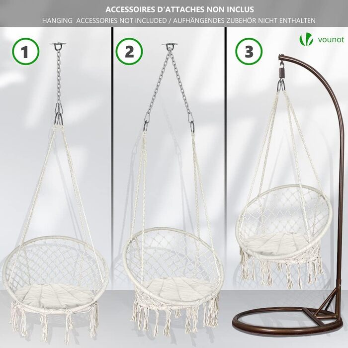 Підвісне крісло-гойдалка VOUNOT з полицею для книг та подушкою, для дому та саду, діаметр сидіння 80 см, X-Large, Бежевий