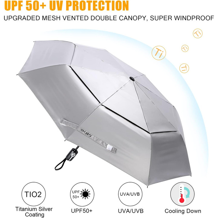Парасолька для подорожей із захистом від ультрафіолету 42/46-дюймове вітрозахисне срібне покриття Сонцезахисна парасолька Сріблястий чорний 46 дюймів, 4Free UPF 50