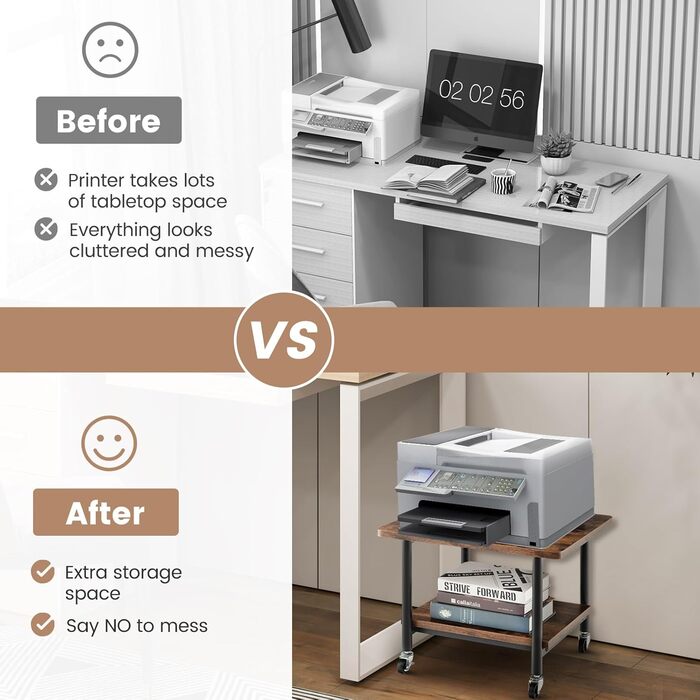 Стіл для принтера HOMASIS 2-ярусний, стійка для принтера з 4 колесами та 2 гальмами, вантажопідйомність 55 кг, підставка для принтера, полиця для принтера, візок для принтера для офісу та дому (колір: коричневий)