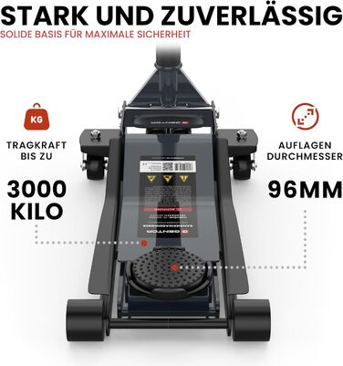 Гідравлічний домкрат 3T низькопрофільний 75-505мм з гумовими накладками для легкових авто та SUV – професійний, посилений, з роликами 360° (антрацит)