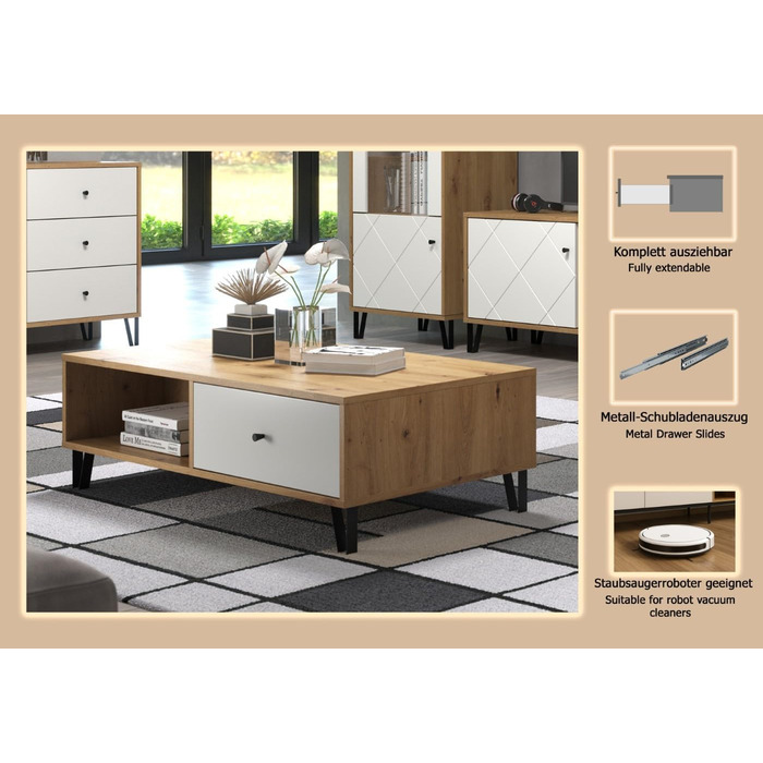 Тумба Trendteam Smart Living Touch з масиву дуба Artisan/білий колір - комод з 2 дверцятами та 4 відділеннями (110x37x60 см)