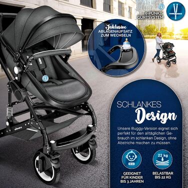 Дитяча коляска 3 в 1 KIDUKU® XXL Комплект | Комбінована коляска з люлькою, прогулянковим блоком та автокріслом | З повним набором аксесуарів (футляр, сумка для підгузків, підставка для чашки, дощовик) | Надувні колеса, ECE R129 (Антрацит / Чорний)