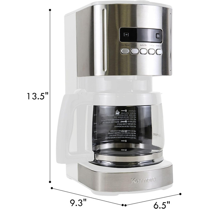 Кавоварка Koolatron Kenmore на 12 чашок, програмована кавоварка з фільтром 1.8 л крапельна кавоварка з технологією швидкого заварювання, цифровий дисплей, таймер, скляний графин, можна мити в посудомийній машині, нержавіюча сталь, (білий)