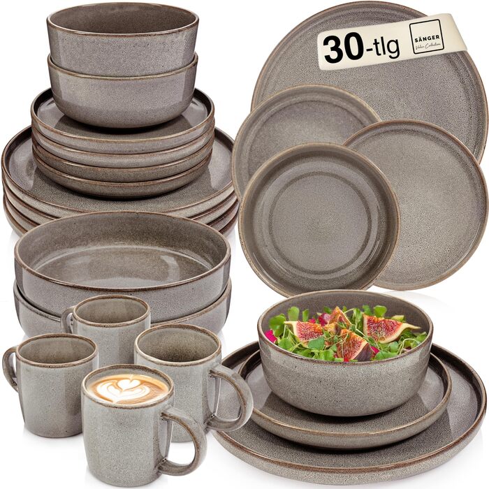 Набір посуду SÄNGER Kairo Graphit 30 предметів: тарілки, чашки, паста, для 6 осіб. Steingut, стійкий до подряпин, миття в посудомийній машині, мікрохвильової печі.