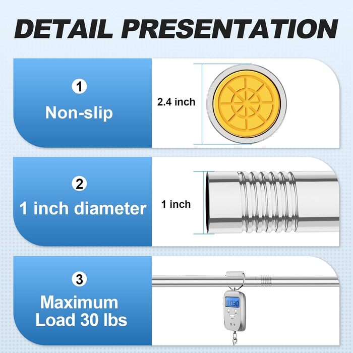 Штанга для душу, телескопічна, 78,9-203,2 см, діаметр 2,5 см, регульована, нержавіюча сталь, хром