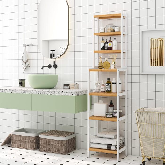 Стелаж для ванної кімнати та кухні FOREHILL з 7 полицями (160x36x28 см) - бамбук та білий