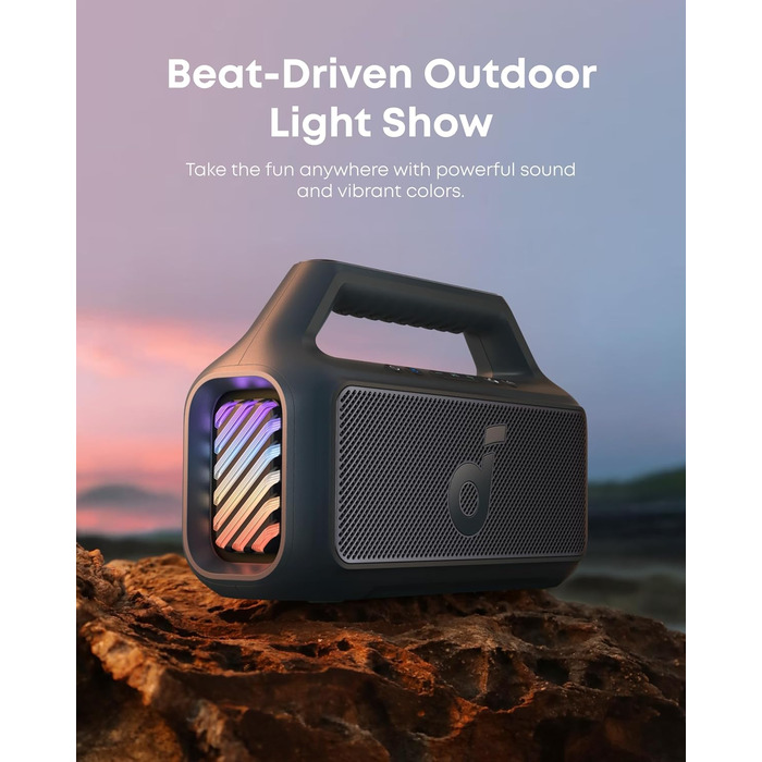 Soundcore Boom 2 - портативна Bluetooth колонка, 80W, сабвуфер, BassUp 2.0, 24h, IPX7, LED, USB-C, EQ, BT 5.3, для кемпінгу, пляжу, саду (блакитна)
