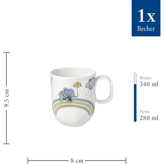 Дитячий набір посуду Villeroy & Boch Boho Kids 'Walk like an elephant' (3 шт.) – блакитний, преміум-посуд для дітей, миття в посудомийній машині, безпечний для мікрохвильовки, з зображенням слона та лінивця