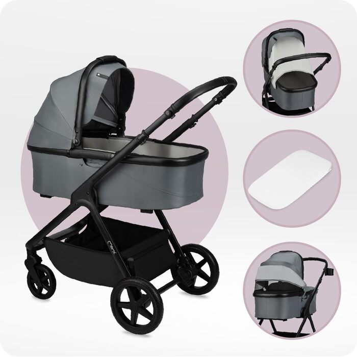 Дитяча коляска MoMi GISELLE 2 в 1 комбінована, сіра, з функцією візка, 5-точкова система безпеки, від народження до 22 кг, з корзиною для покупок, матрацом, дощовиком та пеленатором