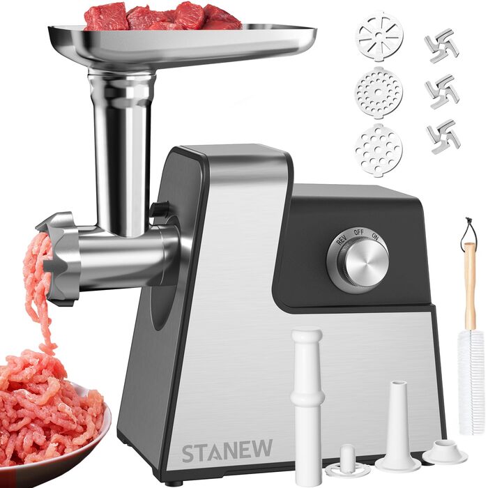 М'ясорубка електрична STANEW 4-в-1, 3500 Вт, 3 диски з нержавіючої сталі (4/8 мм, решітка), насадка для ковбас