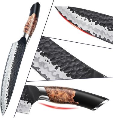 Японський ніж SHAN ZU Gyuto 20 см з 7 шарів вуглецевої сталі - професійний кухонний ніж для м'яса та овочів з акацієвим дерев'яним руків'ям