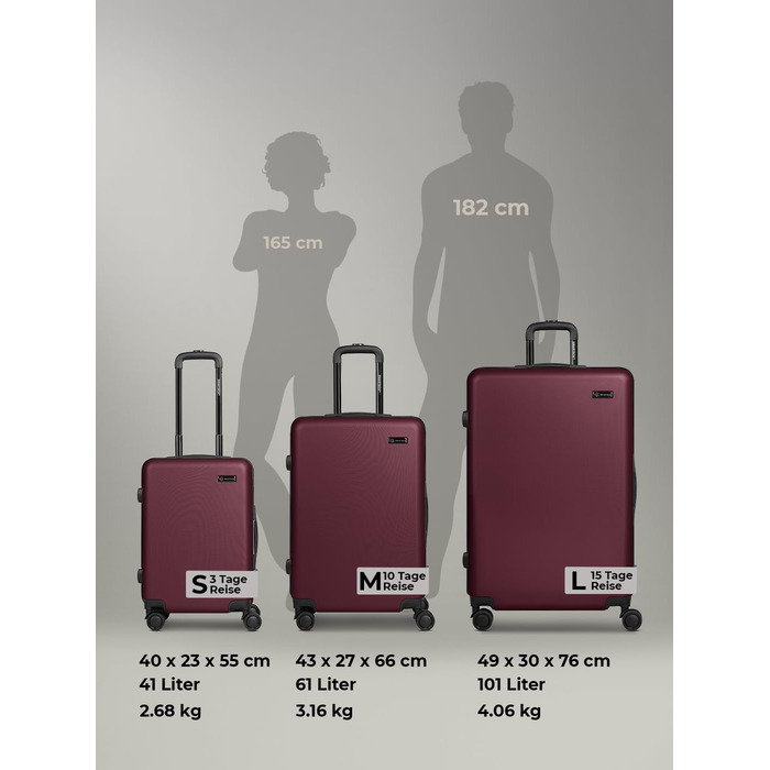 Набір валіз Smartbox Hartschalen 3 шт. для жінок та чоловіків | Легкі та міцні валізи з ABS-пластику | 4 колеса, кодовий замок (Edition 05) (Бургунді, валіза M (66 см))
