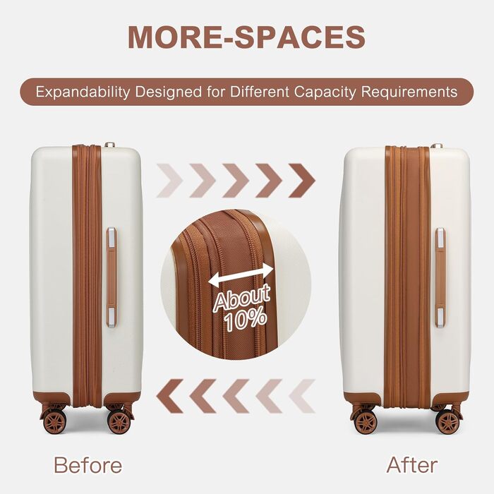 KONO Чемодан ручної поклажі на коліщатках, розширюваний, 55x39x20 см, з жорстким корпусом, 37 л, з TSA-замком, колір бежево-коричневий, розмір L (65 см)