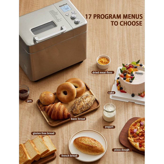 Хлібопічка Neretva з 17 програмами, об'ємом 2.2 кг, з дозатором горіхів та фруктів, керамічним антипригарним покриттям, для безглютенових продуктів, тіста, закваски та йогурту, срібна