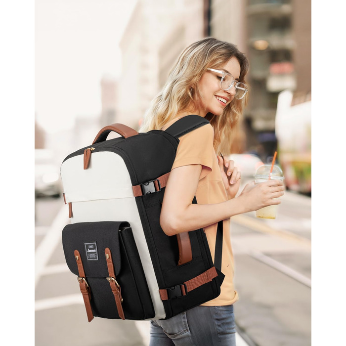 LOVEVOOK Рюкзак для ручної поклажі, жіночий рюкзак для подорожей, водонепроникний рюкзак для ноутбука 17 дюймів, шкільний рюкзак для жінок/студенток, чорний, коричневий (45x32x15 см)