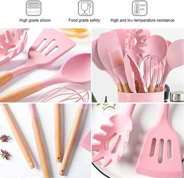Набір кухонних аксесуарів з силікону, 28 предметів, набір лопаток з підставкою для антипригарного посуду (Рожевий)