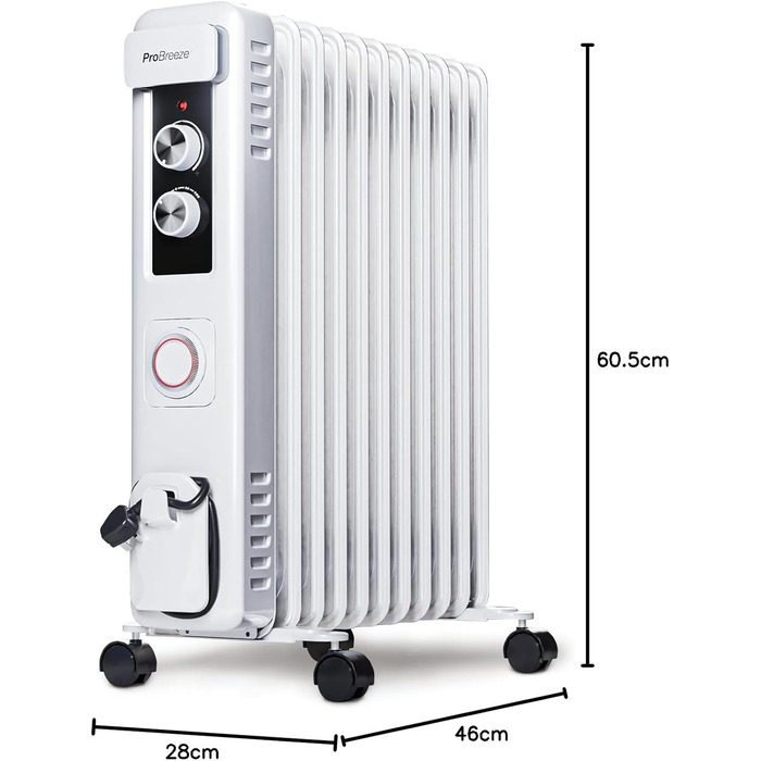 Електричний масляний радіатор Pro Breeze 2500W з 11 ребрами, таймер 24 год, 3 режими, термостат, захист від перегріву - чорний