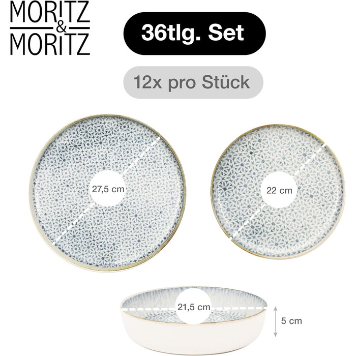 Набір посуду Moritz & Moritz ALHAMBRA на 6 осіб (18 предметів) з високоякісного порцеляну - сучасний сервіз. Включає 6 тарілок, 6 десертних тарілок та 6 салатників. Колір: блакитний.