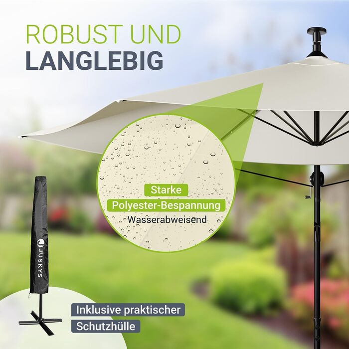 Парасолька від сонця Juskys Brazil 350 см з LED-підсвіткою, сонячною панеллю та ручкою, водовідштовхуюча, з UV-захистом, колір крем/сірий