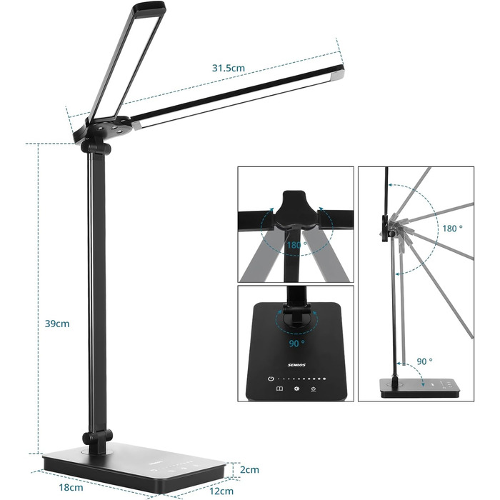 Світлодіодна настільна лампа Semlos, 2 руки, USB, 5 колірних режимів, 5 рівнів яскравості, сенсорний, в т.ч. штепсель, чорний