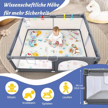 Манеж дитячий CHOLY для немовлят та малюків, 128x128 см (сірий з килимком 150x180 см) - безпечний, міцний, з сіткою та захистом
