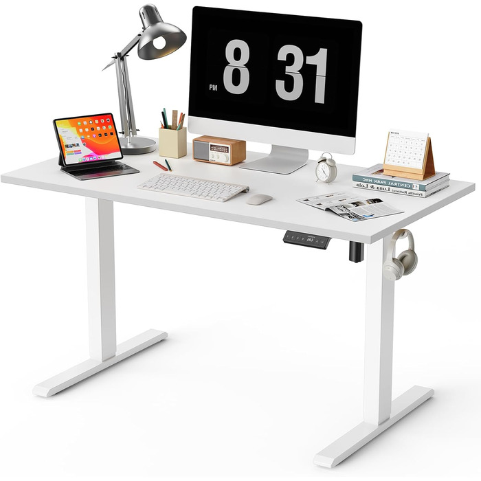 Електричний стіл з регулюванням висоти 120x60 см, білий. Стіл для комп'ютера, стоячи/сидячи з пам'яттю положень (4 функції), цілісна стільниця.