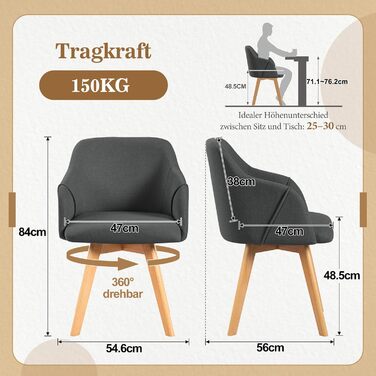 Обідні крісла Bekrvio (2 шт.) - обертаються, з підлокітниками, жовті, сірі, дерев'яні