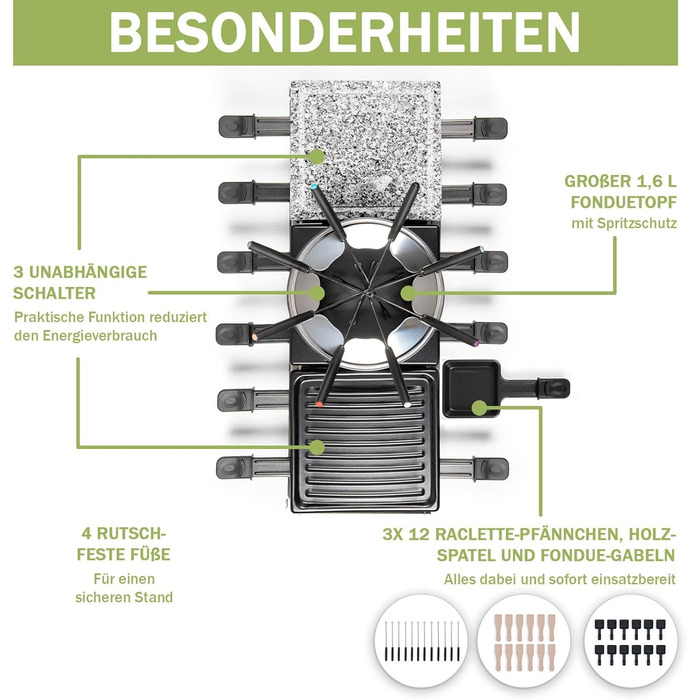 Електричний набір для раклет і фондю на 12 осіб: раклет-гриль, фондю-сет, міні-крепиця, антипригарні сковорідки