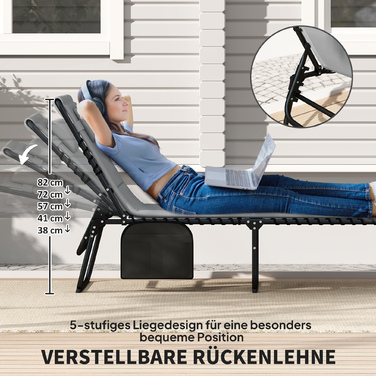 Набір з 2 розкладних шезлонгів для саду з подушкою для голови та регульованою спинкою (5 положень), з кишенею збоку, темно-сірого кольору.