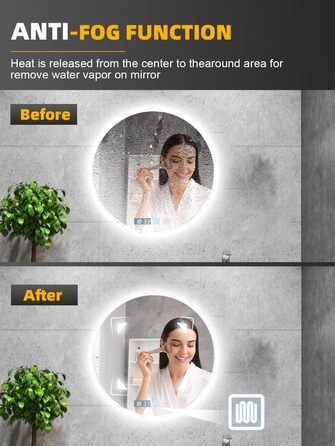 Дзеркало для ванної кімнати Bellanny LED з підсвічуванням 60 см | Настінне дзеркало для макіяжу, косметичне дзеркало | Дзеркало для макіяжу з сенсорним вимикачем, 3 кольори світла, регулювання яскравості, проти запотівання, IP44, кругле, горизонтальне/вер