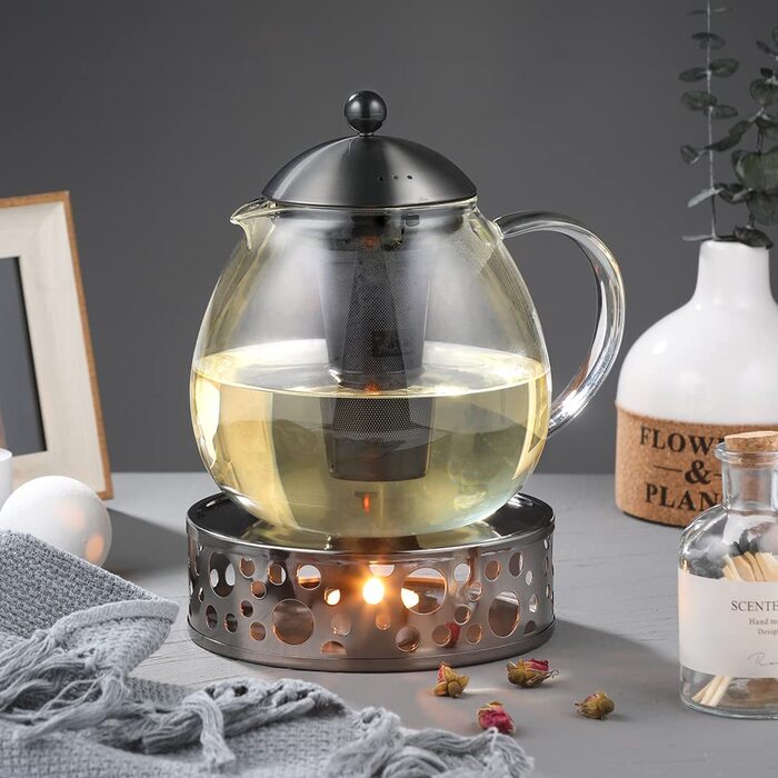 Скляний скляний Срібний чайник з нержавіючої сталі 18/8, ситечко для чаю з боросилікатного скла, чайник, підходить для підігріву чаю (Тип4-1, чорний чайник, 1500 мл)