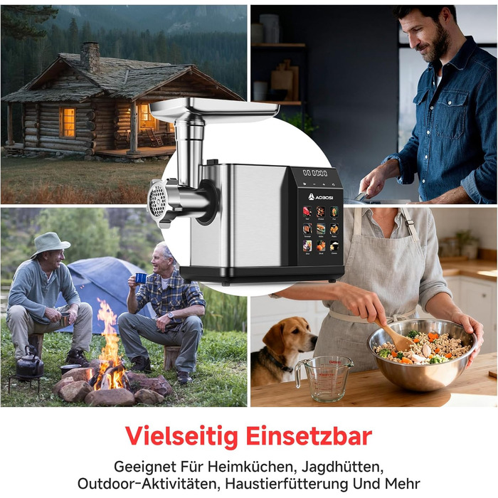 Електрична м'ясоподрібнювач AAOBOSI 3000W з LED-дисплеєм, 9 швидкостей, з нержавіючої сталі, для дому, з насадкою для ковбас та кіббе, інтегрований контейнер, сріблястий